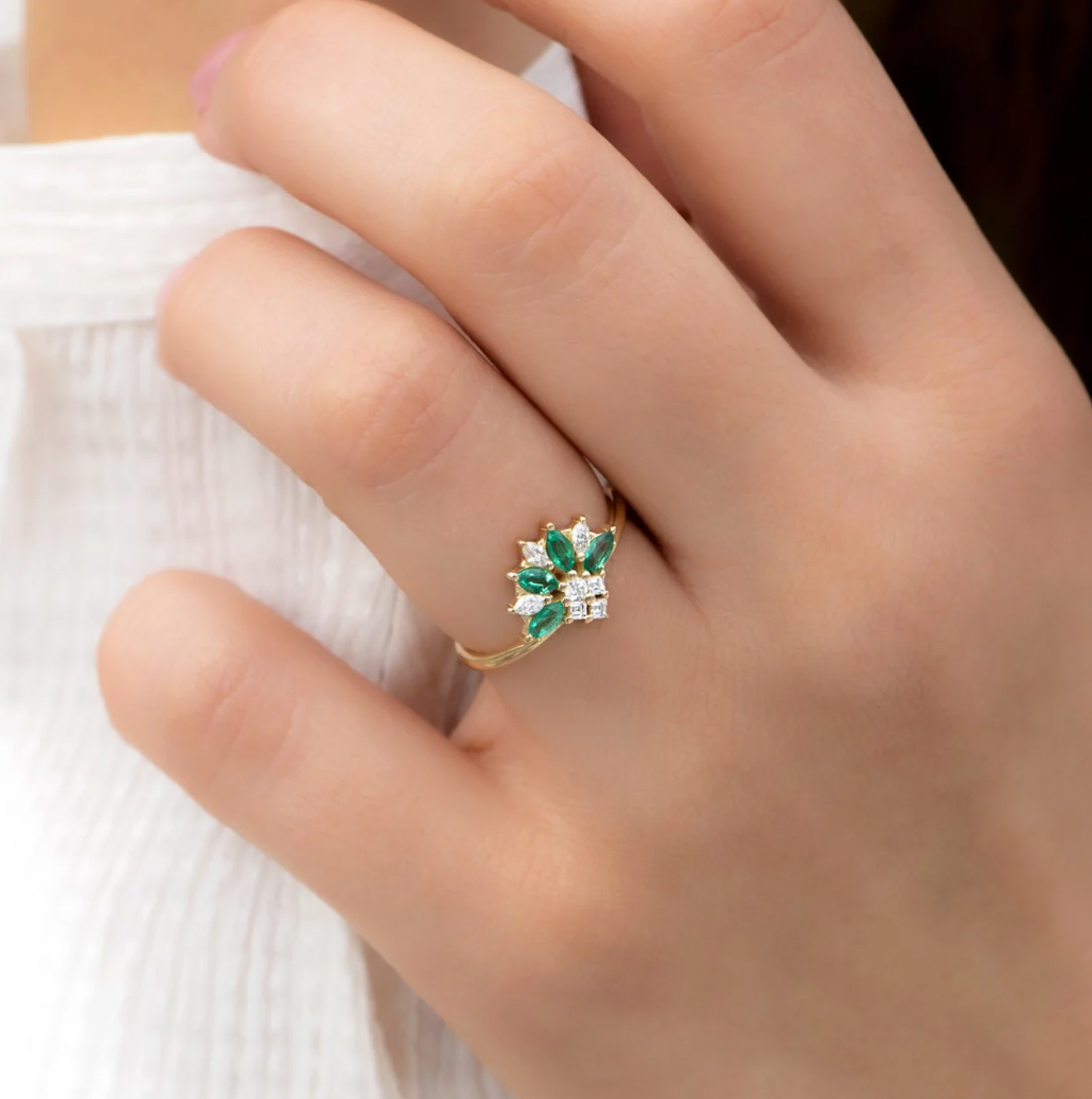 Emerald and Diamond Cluster Ring