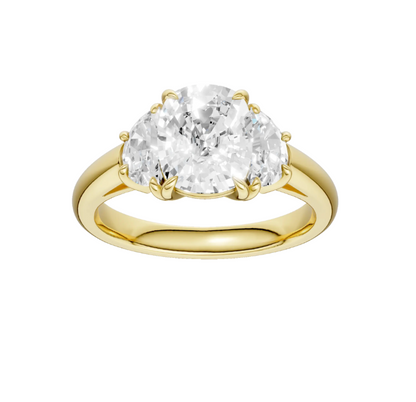Three Stone Cushion and Half Moon Diamond Engagement Ring