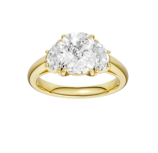 Three Stone Cushion and Half Moon Diamond Engagement Ring