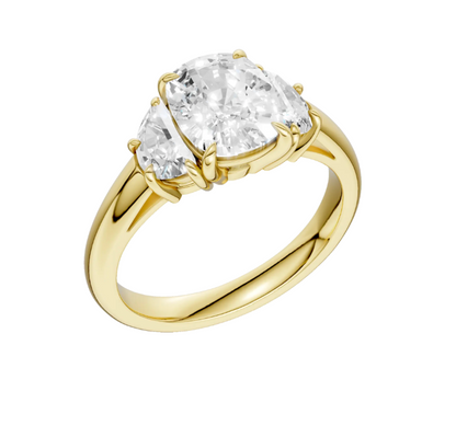 Three Stone Cushion and Half Moon Diamond Engagement Ring