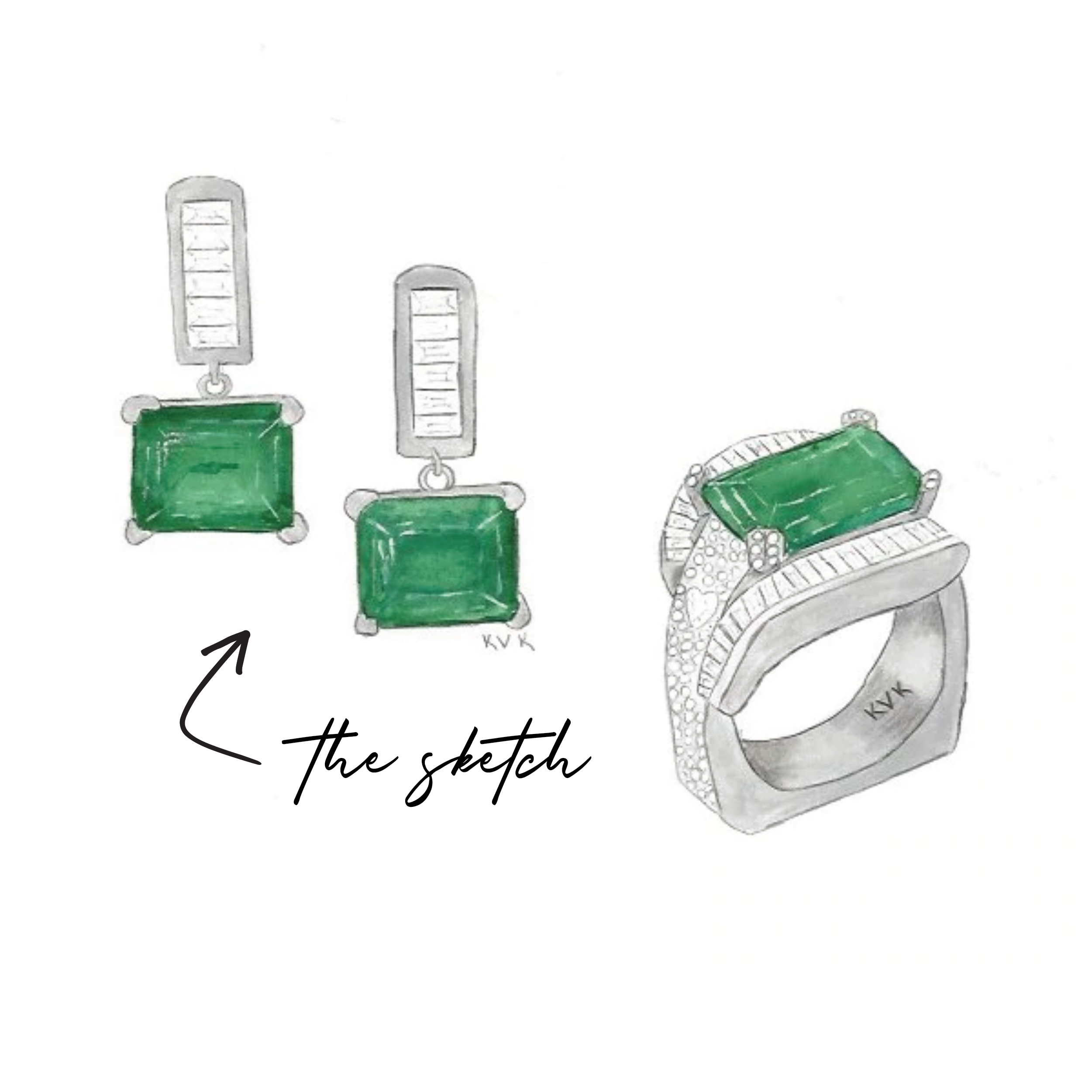 Sketch that artist and owner Kerri created of a custom emerald ring and matching drop earrings.