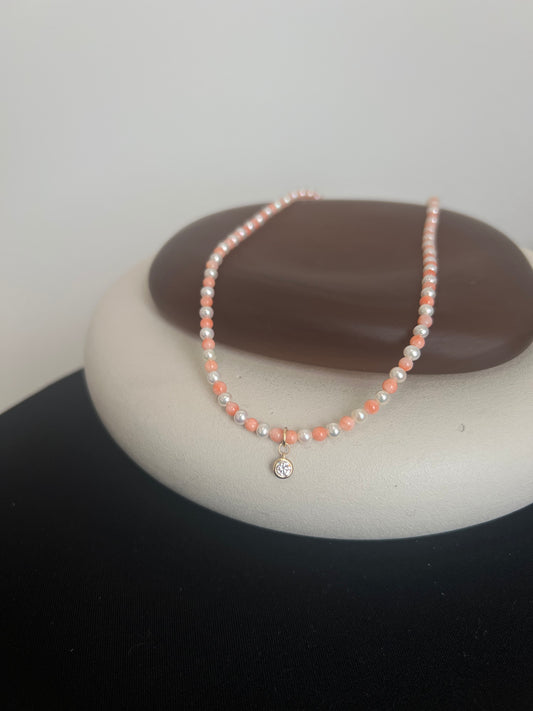 Pearl and Coral Necklace with Diamond Drop