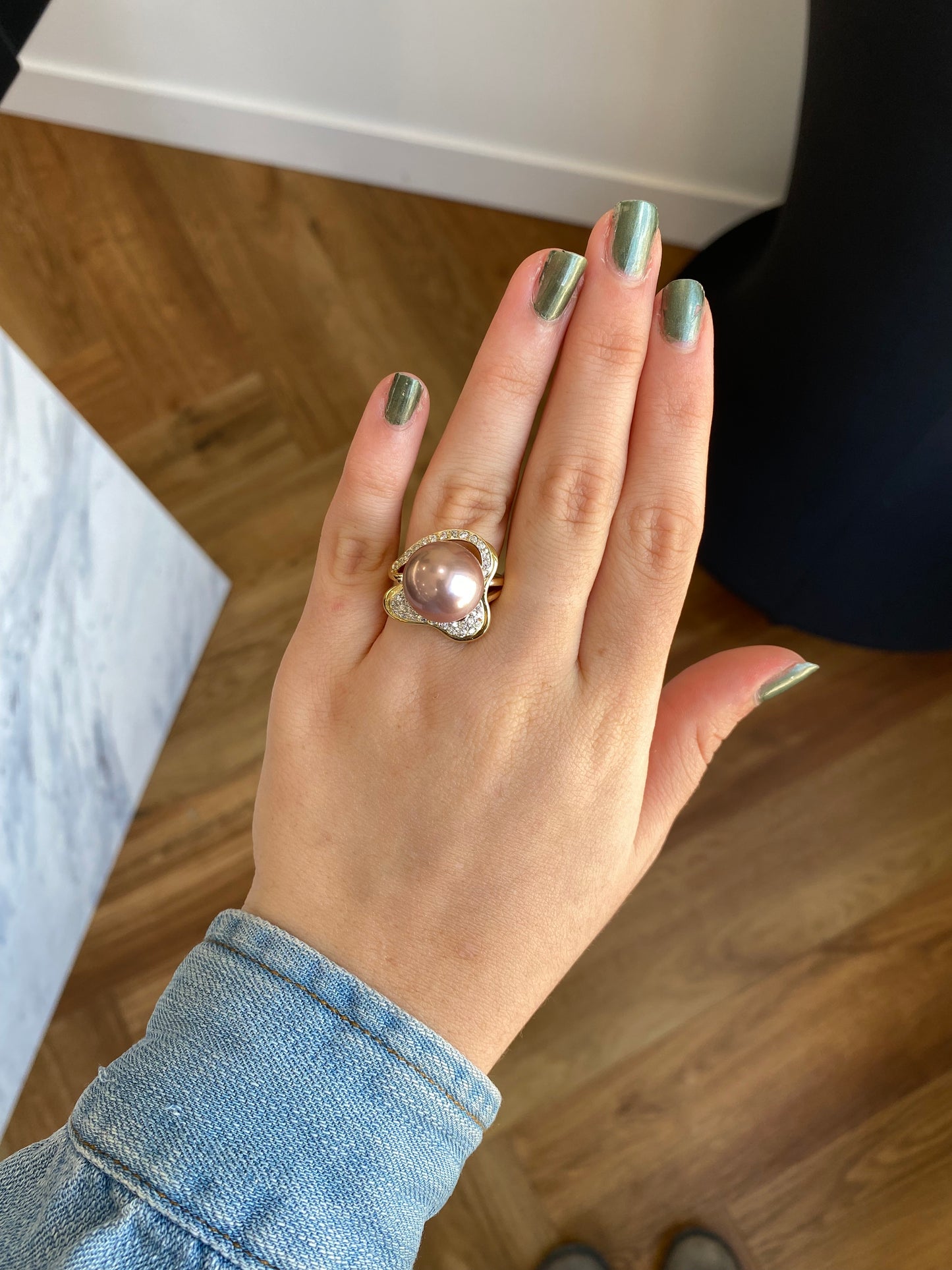 Large Pink Pearl Diamond Gold Ring