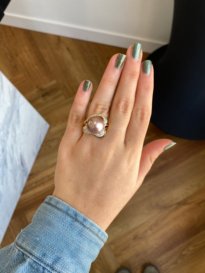 Large Pink Pearl Diamond Gold Ring