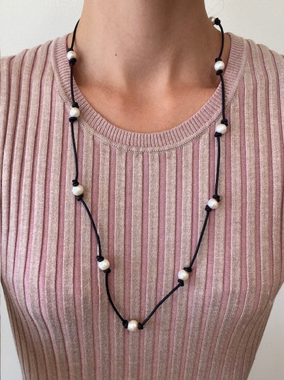 Pearl and Black Leather Necklace