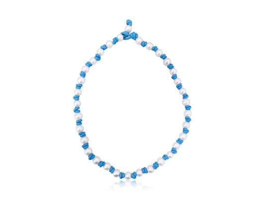 Blue Leather Pearl Necklace
