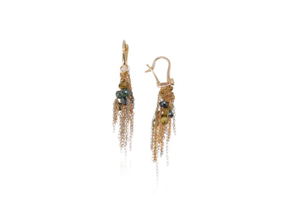 Diamond Beads and Gold Fringe Earrings