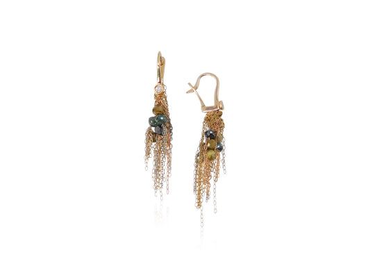 Diamond Beads and Gold Fringe Earrings