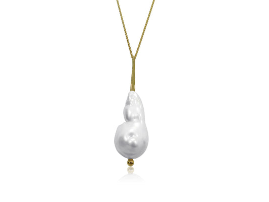Natural freshwater barqoue pearl dripping off of gold drop