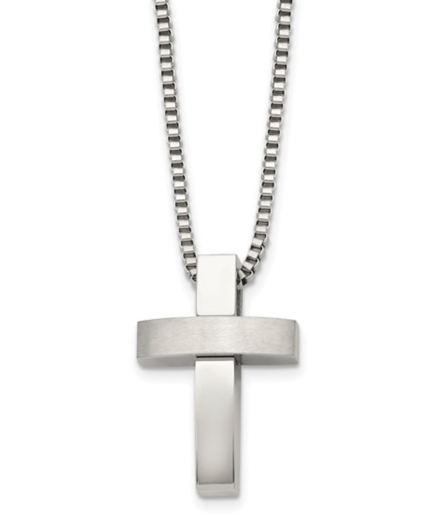 Mens Brushed Stainless Steel Cross on Box Chain