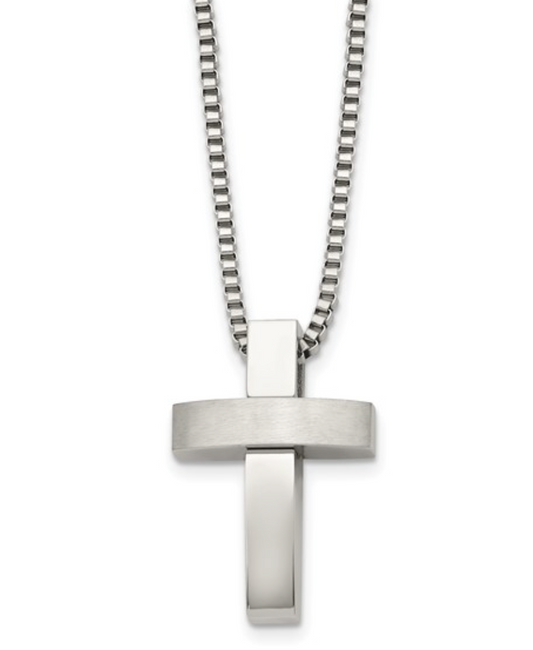Mens Brushed Stainless Steel Cross on Box Chain