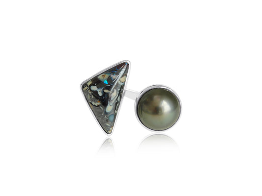 Boulder Opal and Tahitian Pearl Gold Ring