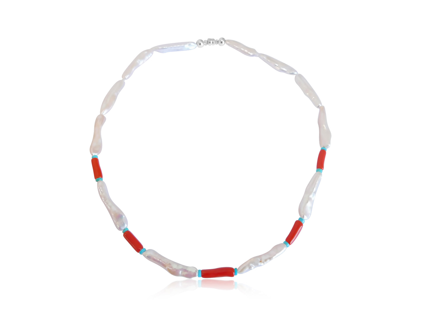 Stick Pearl, Coral, and Turquoise Necklace