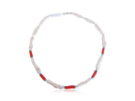 Stick Pearl, Coral, and Turquoise Necklace