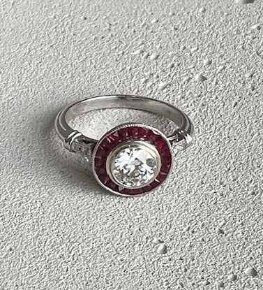 Vintage Inspired Ruby Ring with Diamond Center