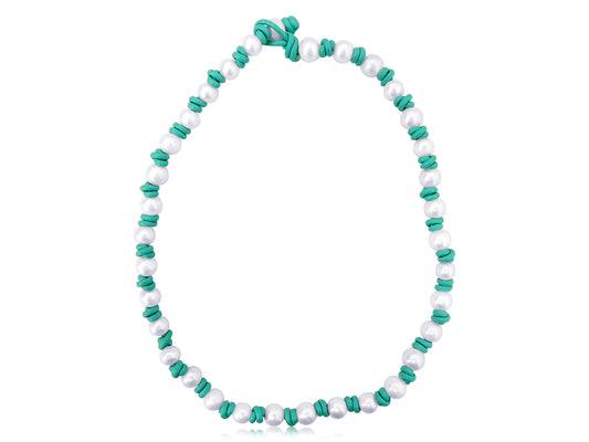 Turquoise Green Leather and Pearl Necklace