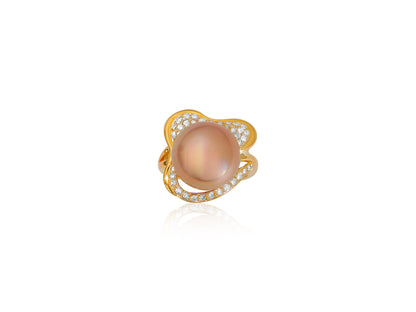 Large Pink Pearl Diamond Gold Ring