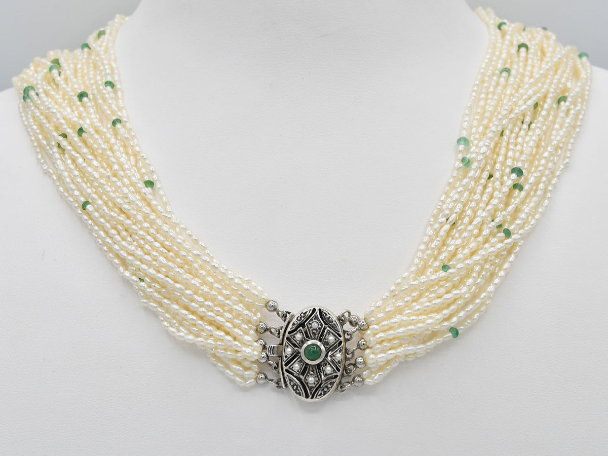 Genuine Seed Pearl and Emerald Multi Strand Necklace