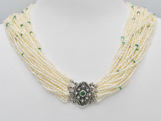Genuine Seed Pearl and Emerald Multi Strand Necklace