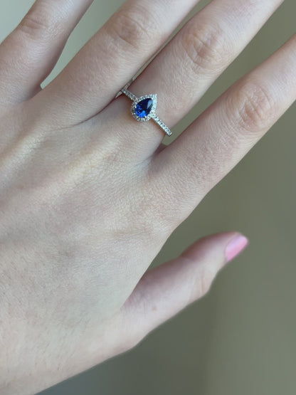 Sapphire Diamond Halo Pear Ring