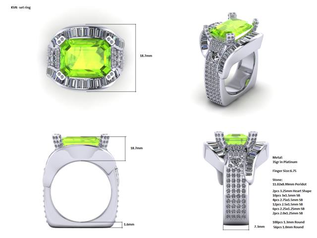 Custom Platinum, Diamond and Peridot Ring and Earrings