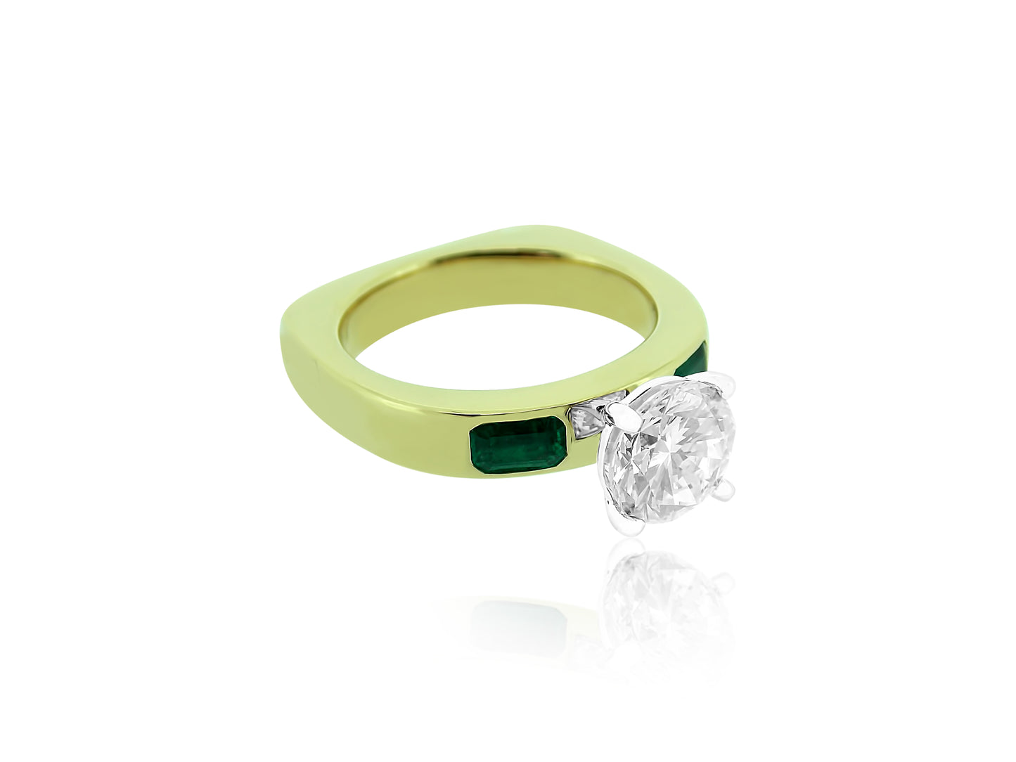 Custom Round Diamond and Emerald Ring