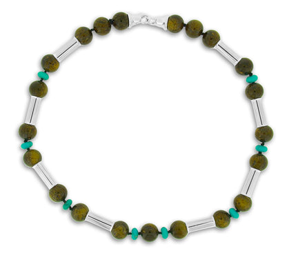 Bronzite and Turquoise Silver Tube Necklace