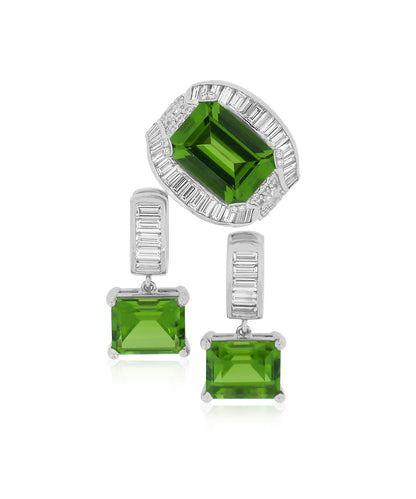 Custom Platinum, Diamond and Peridot Ring and Earrings