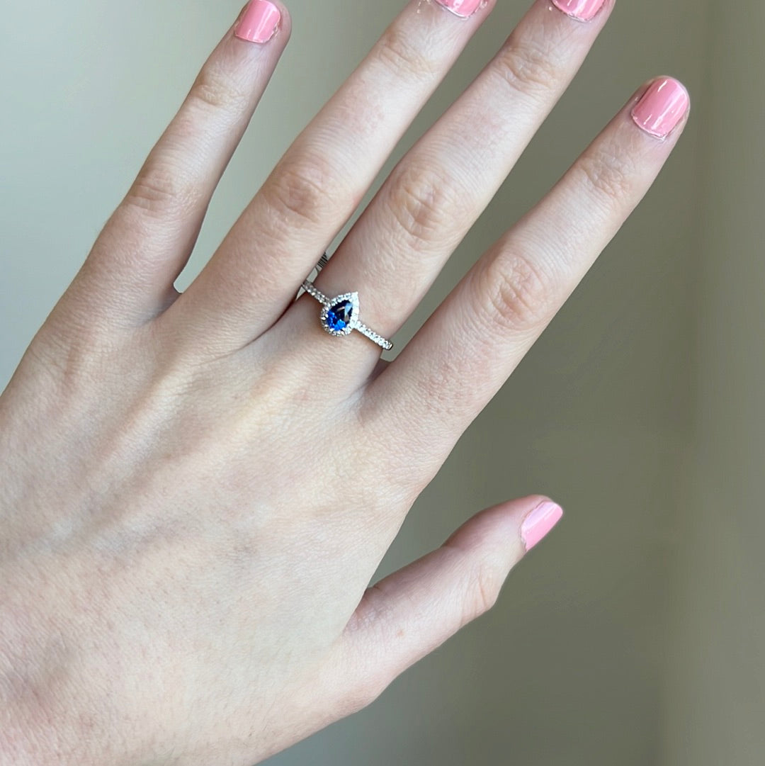 Sapphire Diamond Halo Pear Ring