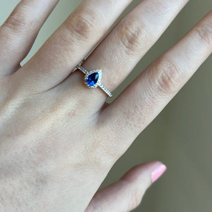 Sapphire Diamond Halo Pear Ring