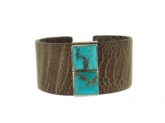 Brown Ostrich & Turquoise Cuff